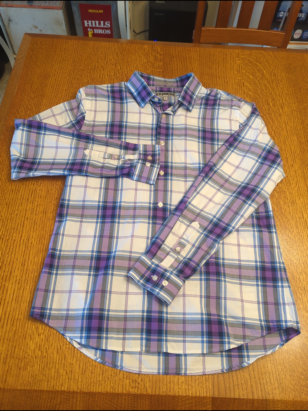 Express Purple and White Plaid Button-Down Shirt